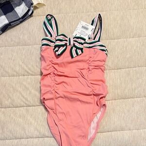 Janie and Jack Pink Swimsuit with Striped Bow